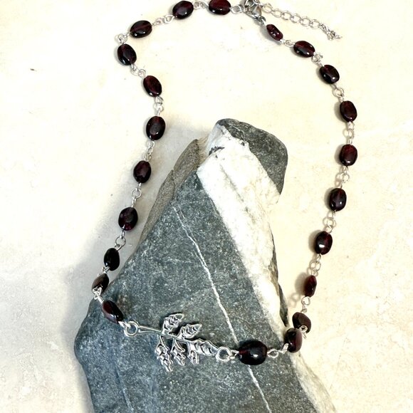 Genuine Garnet Short Necklace, Natural Gemstone w/ Leaf Branch Pendant - Picture 6 of 15